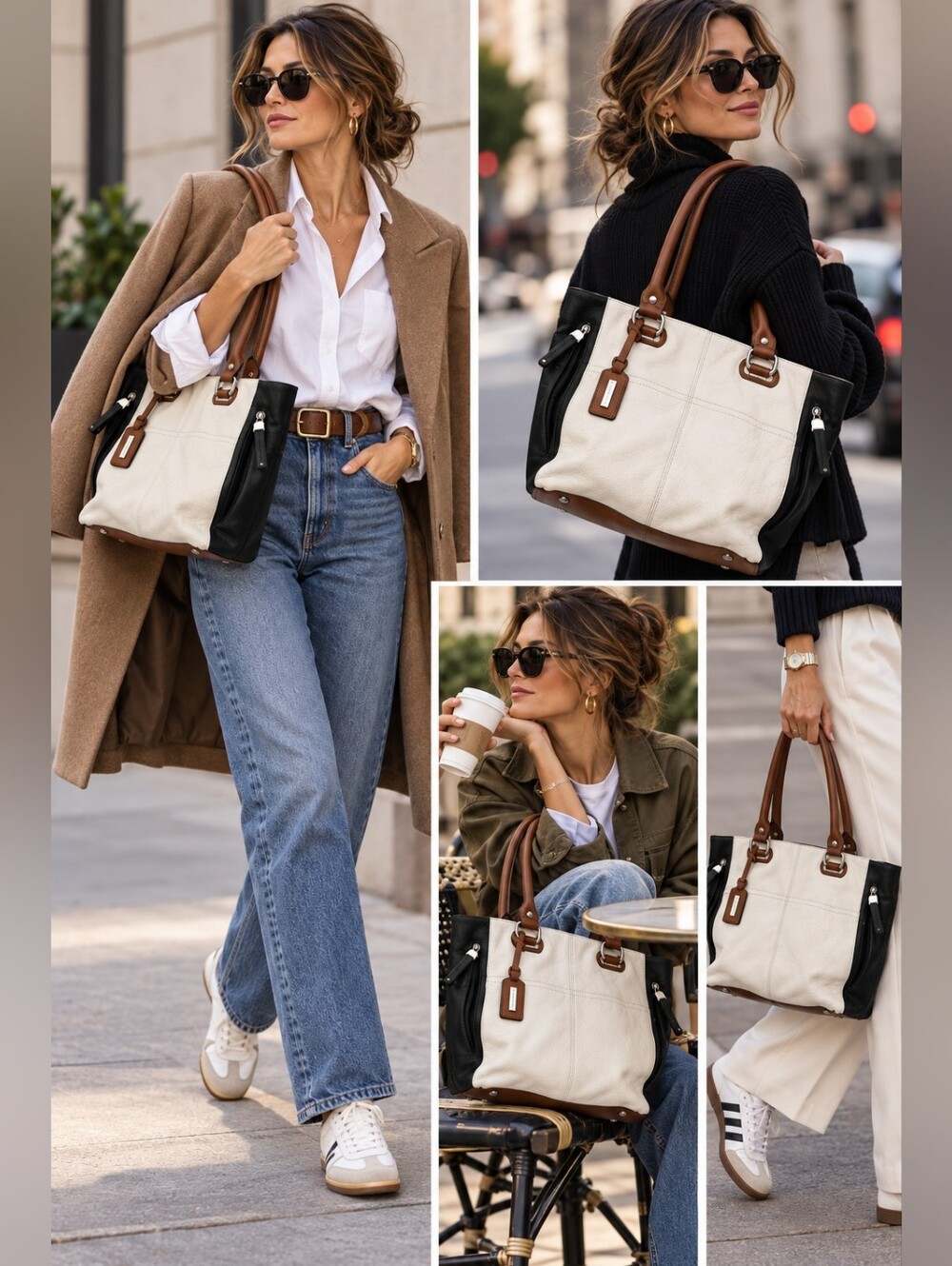 Tignanello White, Black & Brown Colorblock Leather Shoulder Tote